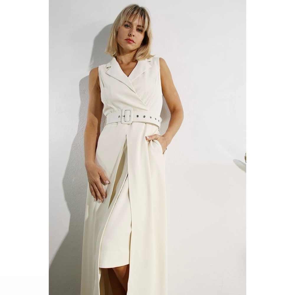 NWT Boutique Lyla Pleated Belted Maxi Evening Dress – Cream White - Picture 5 of 15